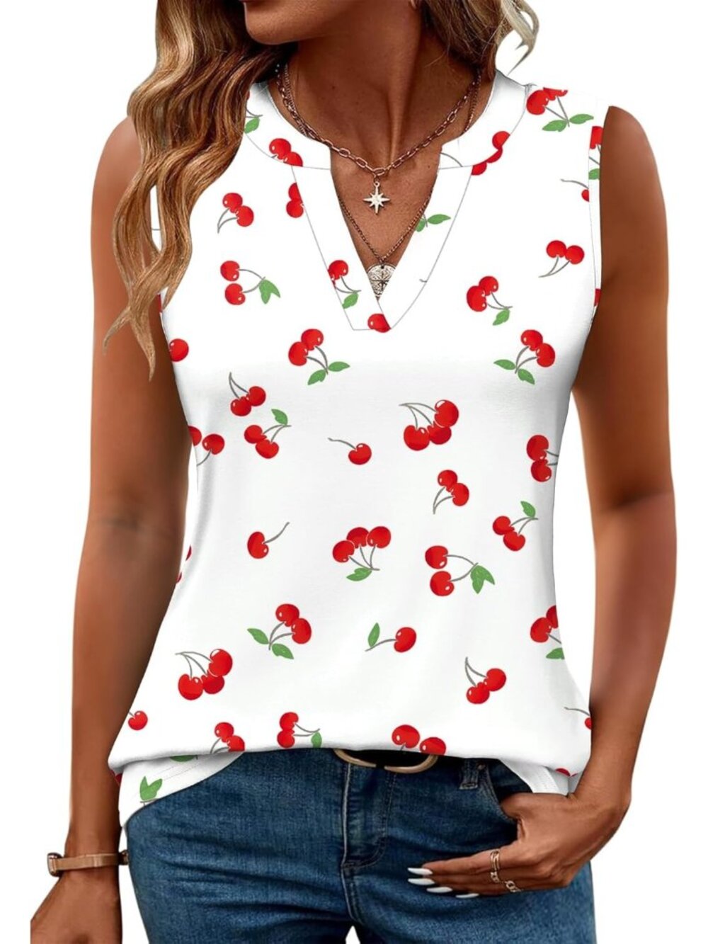 Women's Cherry White Sleeveless V Neck Shirts Blouses Tunic Imported Tank Tops